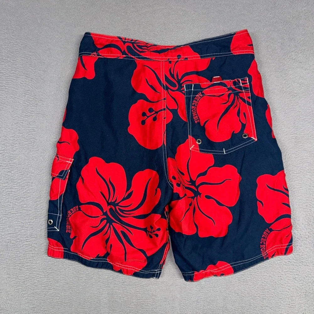 Abercrombie Board Shorts Mens Medium Navy Red Hibiscus Floral Cargo Swim Trunks